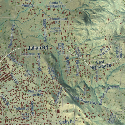 Second close-up of the map of Ramona, California print showing more streets and buildings
