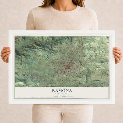 Map of Ramona, California, 12 x 18 inch print in a white wood frame