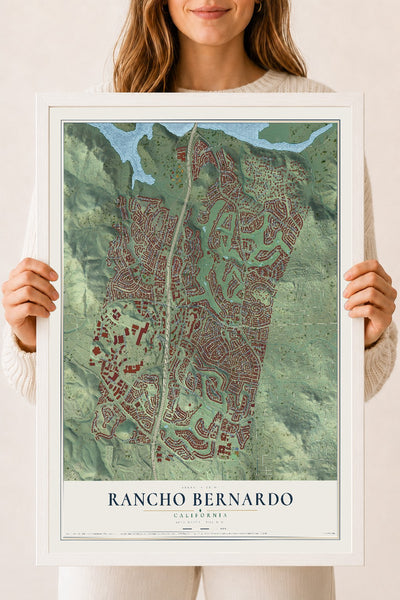 Map of Rancho Bernardo, California, 18 x 24 inch print in a white wood frame