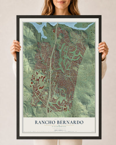 Map of Rancho Bernardo, California, 24 x 36 inch print in a black wood frame