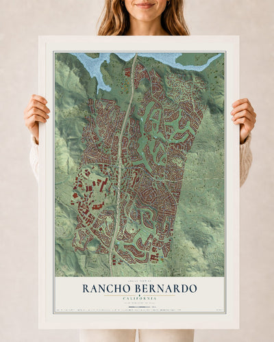 Map of Rancho Bernardo, California, 24 x 36 inch print in a white wood frame