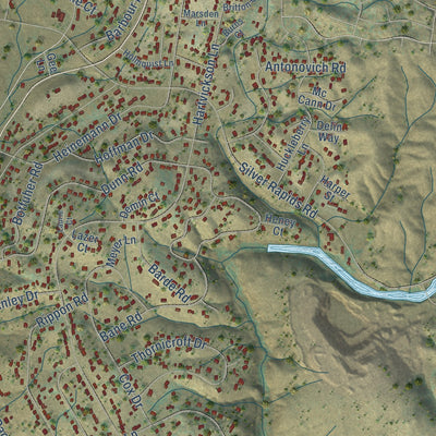 Close-up of the map of Rancho Calaveras, California print showing street and building detail
