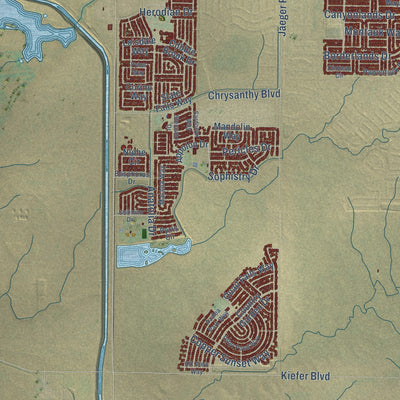 Second close-up of the map of Rancho Cordova, California print showing more streets and buildings