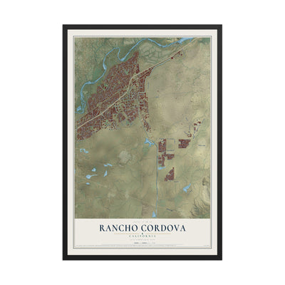 Map of Rancho Cordova, California, 12 x 18 inch print in a black wood frame