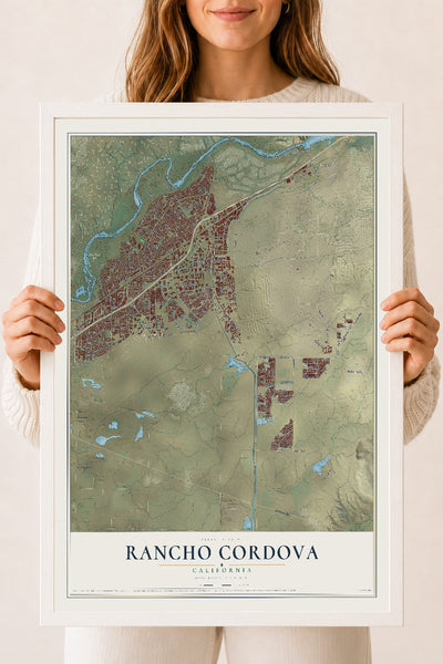 Map of Rancho Cordova, California, 18 x 24 inch print in a white wood frame