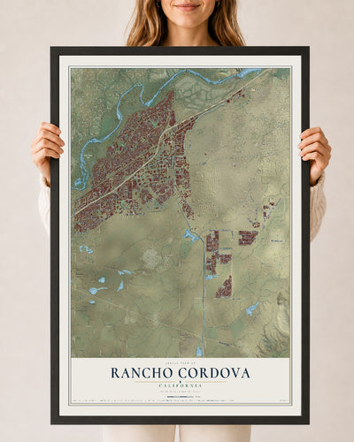Map of Rancho Cordova, California, 24 x 36 inch print in a black wood frame