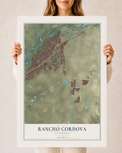 Map of Rancho Cordova, California, 24 x 36 inch print in a white wood frame