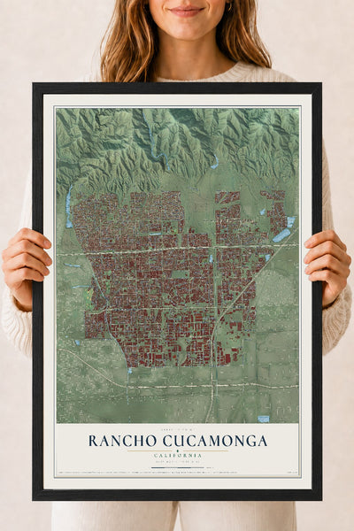 Map of Rancho Cucamonga, California, 18 x 24 inch print in a black wood frame
