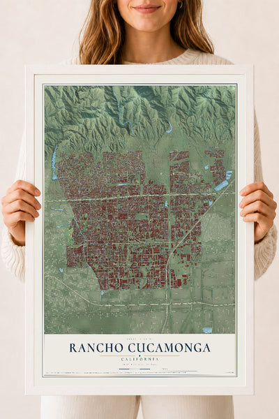 Map of Rancho Cucamonga, California, 18 x 24 inch print in a white wood frame