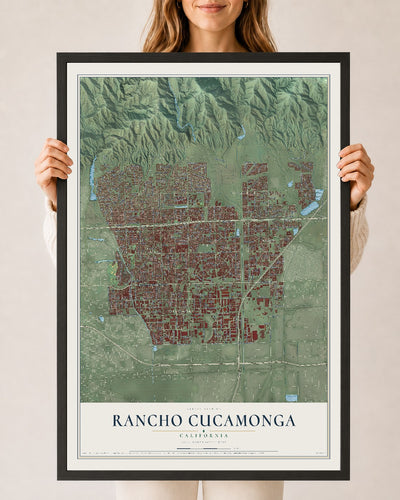 Map of Rancho Cucamonga, California, 24 x 36 inch print in a black wood frame
