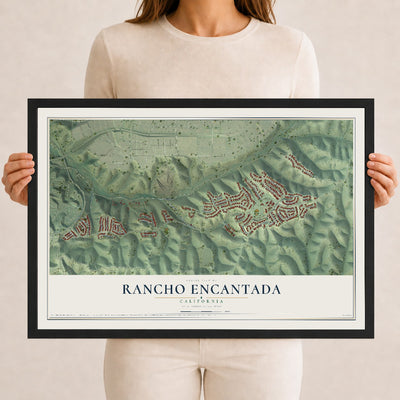 Map of Rancho Encantada, California, 12 x 18 inch print in a black wood frame