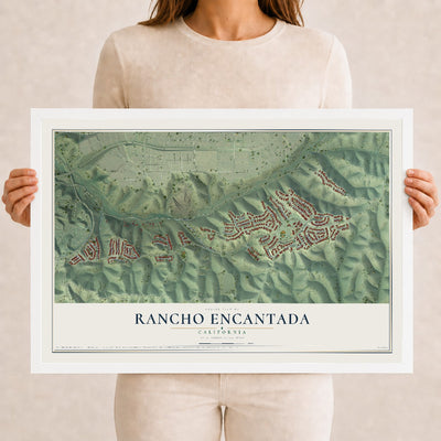 Map of Rancho Encantada, California, 12 x 18 inch print in a white wood frame
