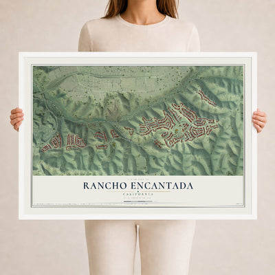 Map of Rancho Encantada, California, 24 x 36 inch print in a white wood frame
