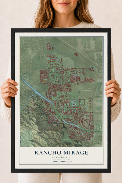 Map of Rancho Mirage, California, 18 x 24 inch print in a black wood frame