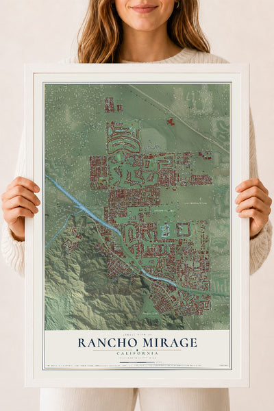 Map of Rancho Mirage, California, 18 x 24 inch print in a white wood frame