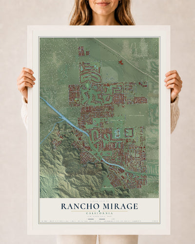Map of Rancho Mirage, California, 24 x 36 inch print in a white wood frame