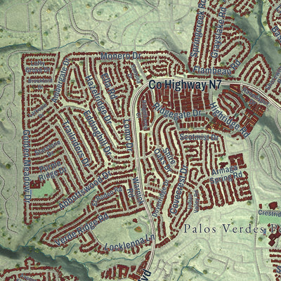 Close-up of the map of Rancho Palos Verdes, California print showing street and building detail