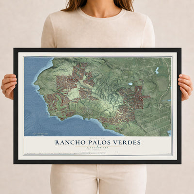 Map of Rancho Palos Verdes, California, 12 x 18 inch print in a black wood frame