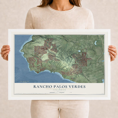 Map of Rancho Palos Verdes, California, 12 x 18 inch print in a white wood frame