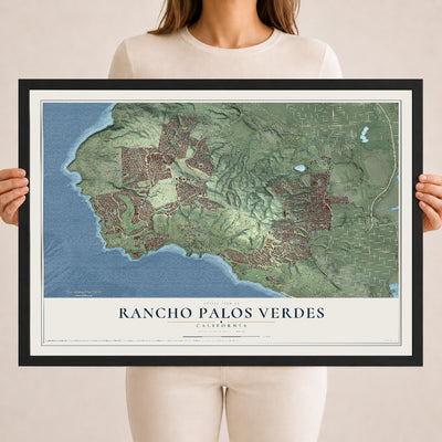 Map of Rancho Palos Verdes, California, 18 x 24 inch print in a black wood frame