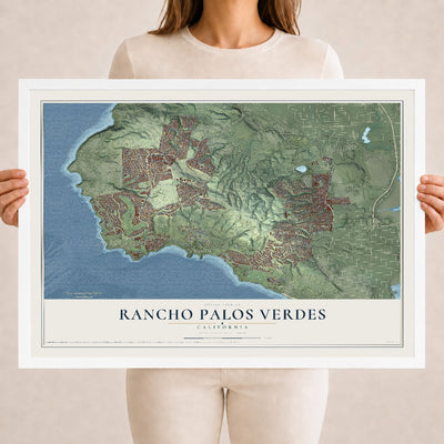 Map of Rancho Palos Verdes, California, 18 x 24 inch print in a white wood frame