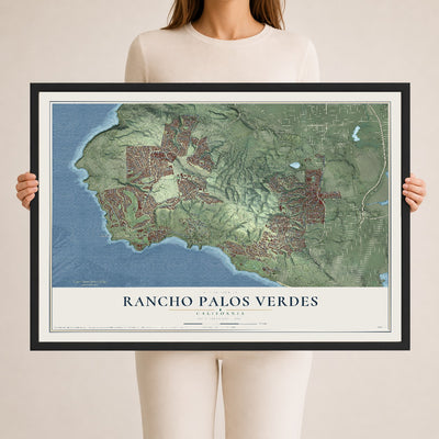 Map of Rancho Palos Verdes, California, 24 x 36 inch print in a black wood frame