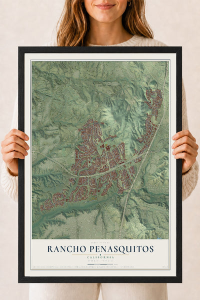 Map of Rancho Penasquitos, California, 18 x 24 inch print in a black wood frame