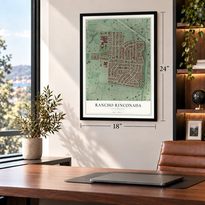 Rancho Rinconada, California map, 18 x 24 inch print in a black frame in a home office