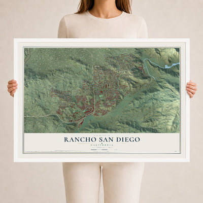 Map of Rancho San Diego, California, 24 x 36 inch print in a white wood frame