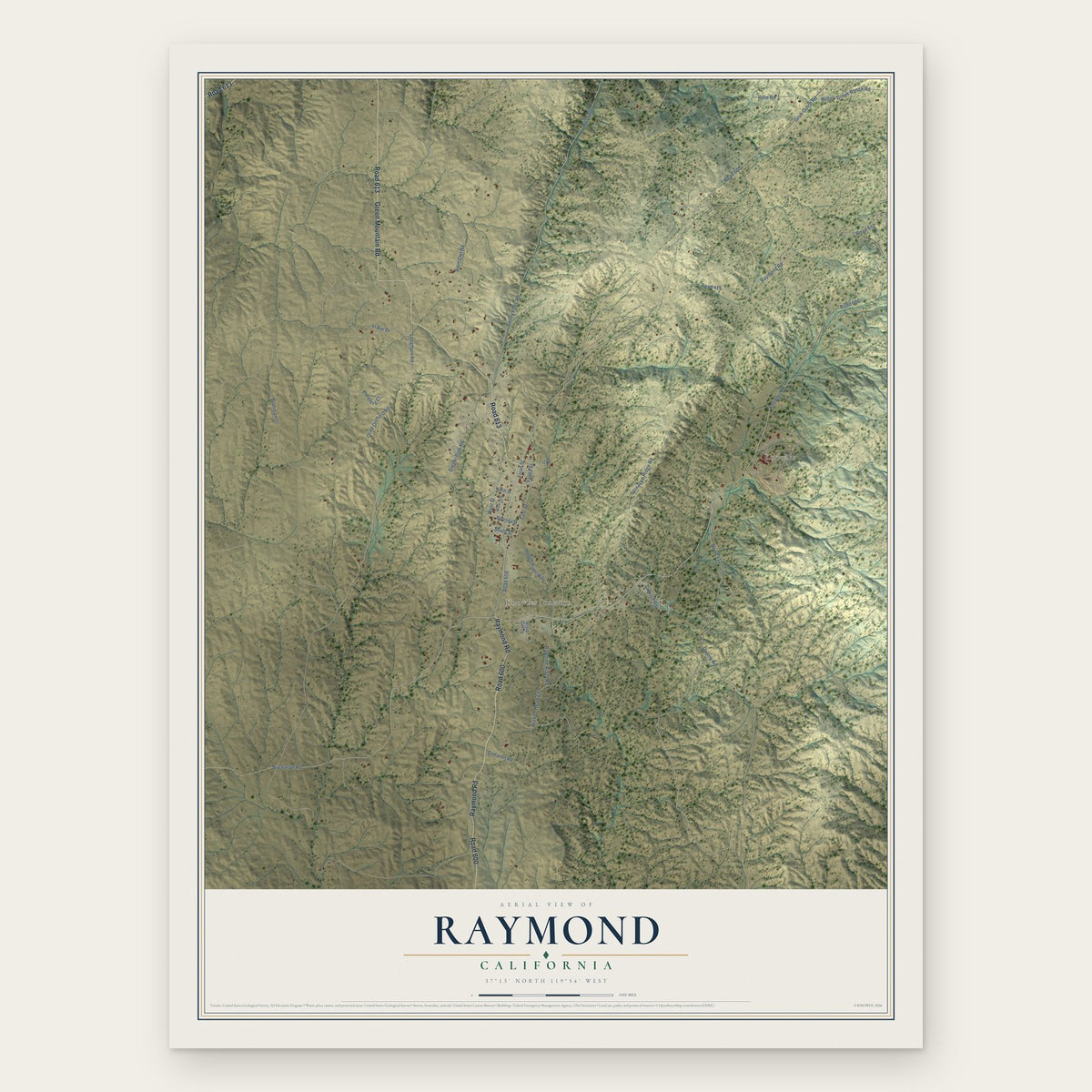 Raymond, California map print, the full design