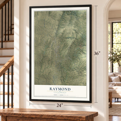 Raymond, California map, 24 x 36 inch print in a black frame by a staircase