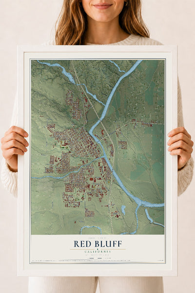 Map of Red Bluff, California, 18 x 24 inch print in a white wood frame