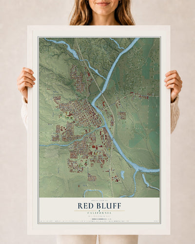 Map of Red Bluff, California, 24 x 36 inch print in a white wood frame
