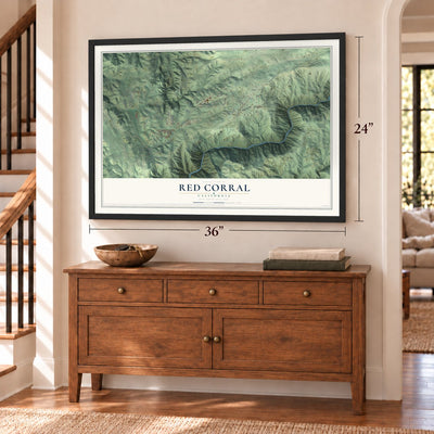 Red Corral, California map, 24 x 36 inch print in a black frame above a dresser by a staircase