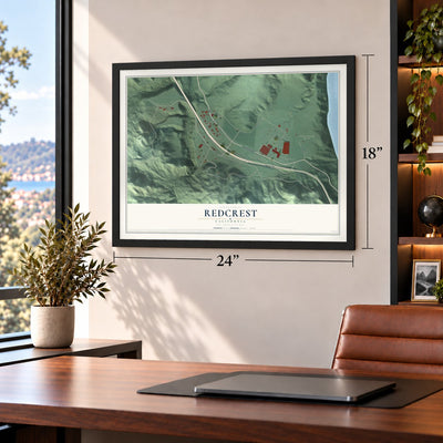 Redcrest, California map, 18 x 24 inch print in a black frame in a home office