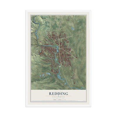 Map of Redding, California, 12 x 18 inch print in a white wood frame