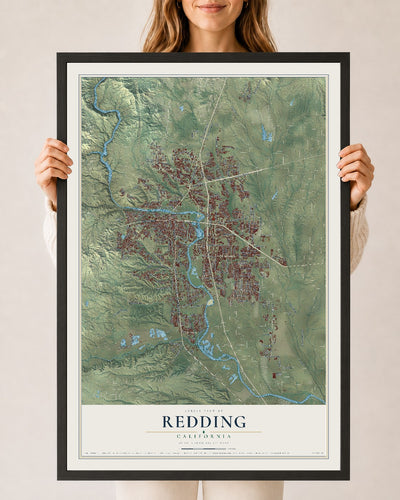 Map of Redding, California, 24 x 36 inch print in a black wood frame