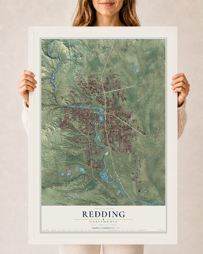 Map of Redding, California, 24 x 36 inch print in a white wood frame