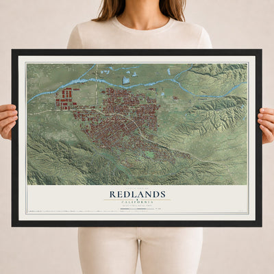 Map of Redlands, California, 18 x 24 inch print in a black wood frame