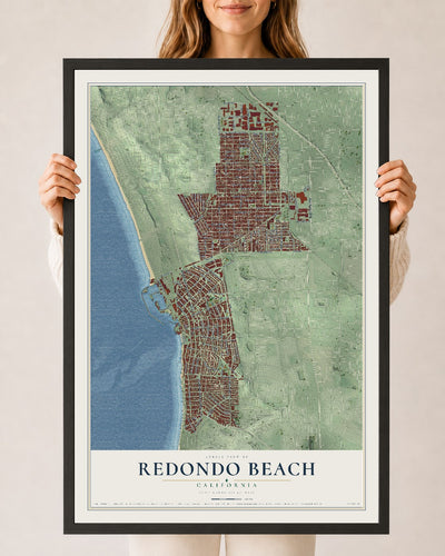 Map of Redondo Beach, California, 24 x 36 inch print in a black wood frame