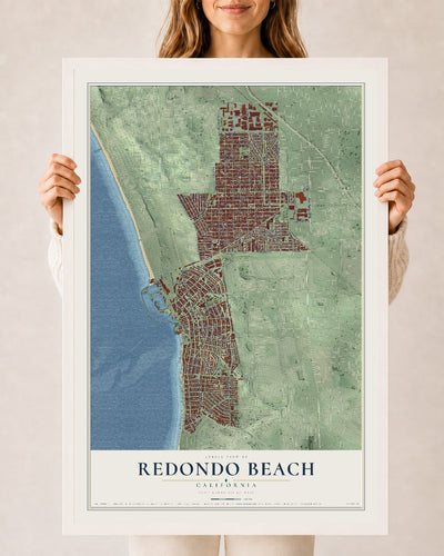 Map of Redondo Beach, California, 24 x 36 inch print in a white wood frame