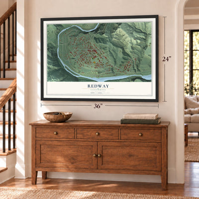 Redway, California map, 24 x 36 inch print in a black frame above a dresser by a staircase