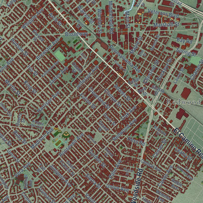 Close-up of the map of Redwood City, California print showing street and building detail