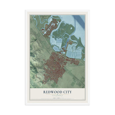 Map of Redwood City, California, 12 x 18 inch print in a white wood frame