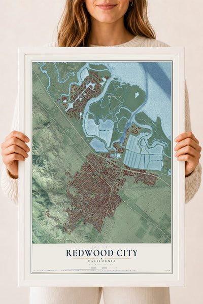 Map of Redwood City, California, 18 x 24 inch print in a white wood frame