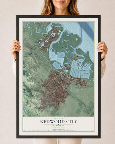 Map of Redwood City, California, 24 x 36 inch print in a black wood frame