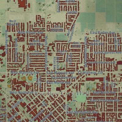 Close-up of the map of Reedley, California print showing street and building detail