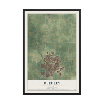 Map of Reedley, California, 12 x 18 inch print in a black wood frame