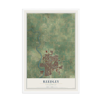 Map of Reedley, California, 12 x 18 inch print in a white wood frame