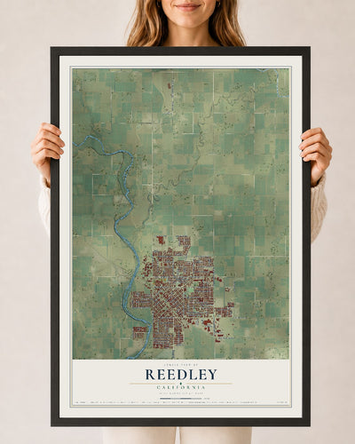 Map of Reedley, California, 24 x 36 inch print in a black wood frame